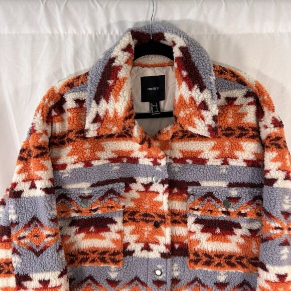 Forever 21 Jacket Women's Large White Orange Aztec Striped Button Up Pockets - Picture 2 of 8
